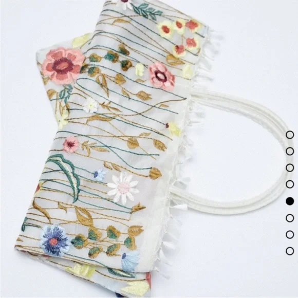 Zara Floral Embroidered Tule White Tote Bag - New - Picture 6 of 7